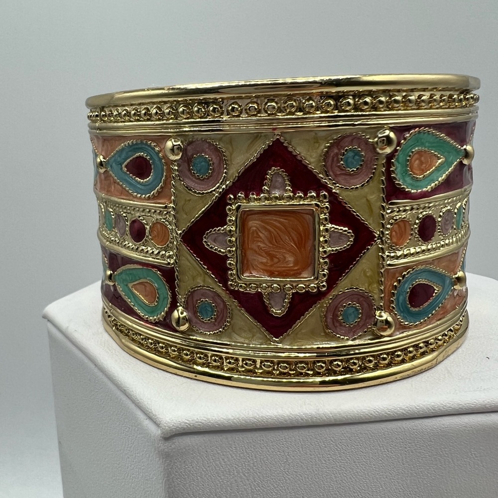 Enamel Goldtone Wide Clamper Bangle Bracelet Boho Style
